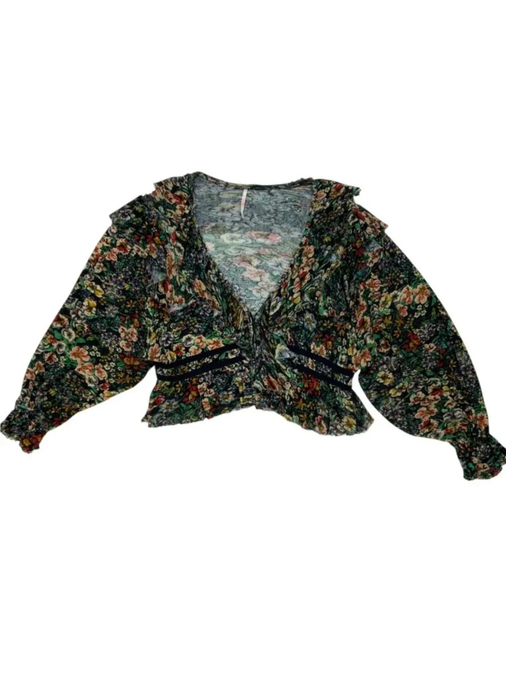 Free People Rudi Ruffle Top Blouse M Night Garden Floral Cropped